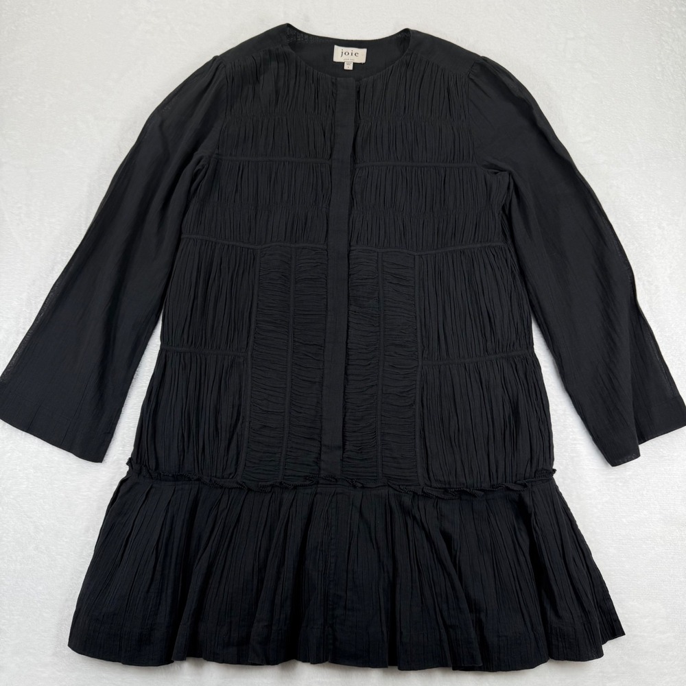 Joie Black Crinkle Cotton Smocked Tiered Mini Dress Womens Size Medium 21-5-J392